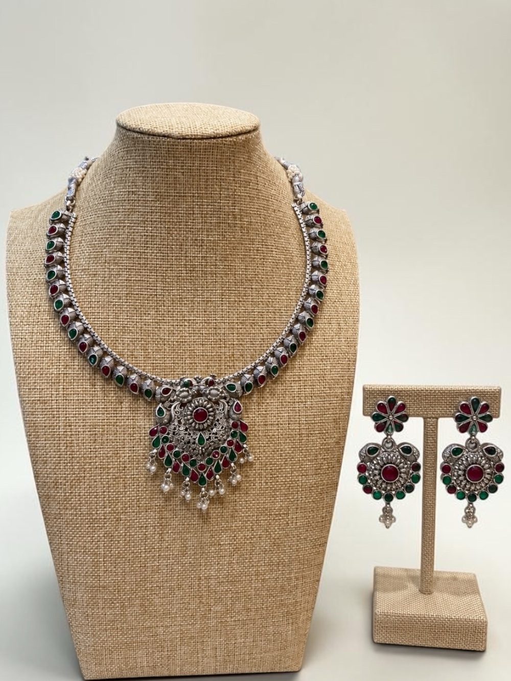 NWT Vintage Style Indian Necklace Earrings Set Red Green Silver Tone Jewelry